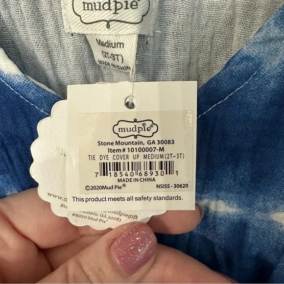 Mud Pie Girls Beach Swimsuit Cover Up Blue Tie Dye with Pom Poms Sz 2T-3T NWT - Picture 6 of 8